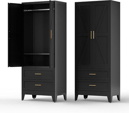 COFaR Metal Wardrobe Cabinet, 71 Farmhouse Armoire Wardrobe Closet with Rods, 2 Barn Doors, Adjustable Shelves, Steel with 2 Drawer Bedroom armoires, Black