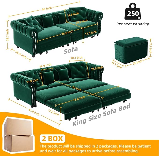 89'' Pull Out Sofa Bed King, Chesterfield Velvet Sleeper Sofa, Convertible L-Shaped Futon Couch, Tufted Back, 4 Pillows, Ottoman, Deep Seat Loveseat Couches for Living Room, Apartment, Green
