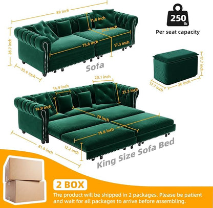 89'' Pull Out Sofa Bed King, Chesterfield Velvet Sleeper Sofa, Convertible L-Shaped Futon Couch, Tufted Back, 4 Pillows, Ottoman, Deep Seat Loveseat Couches for Living Room, Apartment, Green