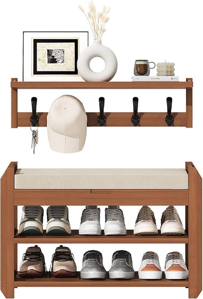 27.6" Bamboo Shoe Bench with Cushion, 5 Hooks Coat Rack, 2-Tier Storage Bench for Entryway, Heavy Duty Shoe Rack Organizer with Removable Soft Cushion for Living Room Bedroom Hallway