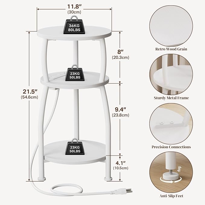 Round Side Table with Power Outlet & USB Ports, 3-Tier End Table with Storage Shelf, Modern Rustic Nightstand, Small Spaces Accent Table for Living Room Bedroom, Easy Assembly, White