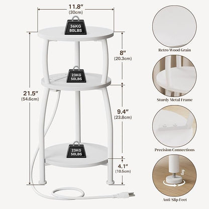 Round Side Table with Power Outlet & USB Ports, 3-Tier End Table with Storage Shelf, Modern Rustic Nightstand, Small Spaces Accent Table for Living Room Bedroom, Easy Assembly, White