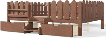Bellemave Queen Size Montessori Bed with Stairs, Lights, Rails and Slats, Queen Size Montessori Floor Bed with Bookshelf and 2 Storage Drawers, Easy Assemble Beds Frame for Girls, Boys, Natural