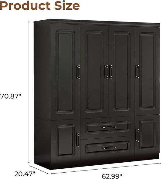 4-Door Modern Bedroom Armoire Wardrobe Closet with 2 Drawers & Hanging Rod, Smooth Black Storage Cabinet for Clothes/Shoes/Blankets 61.42" W x 20.67" D x 70.87" H (69)