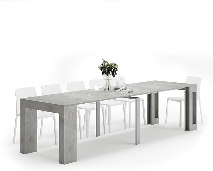 Mobili Fiver, Easy, Extendable Console Table with Extension Leaves Holder, 17.7(120.1) x35.4 in, Concrete Effect, Grey, Made in Italy