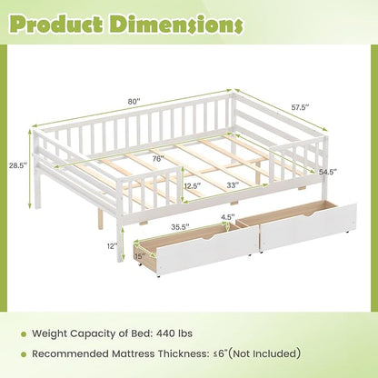 Giantex Full Kids Bed with Storage Drawers, Wood Montessori Bed with Rails & Side Shelf, Low Daybed Bed Frame for Boys Girls, No Box Spring Needed (White)