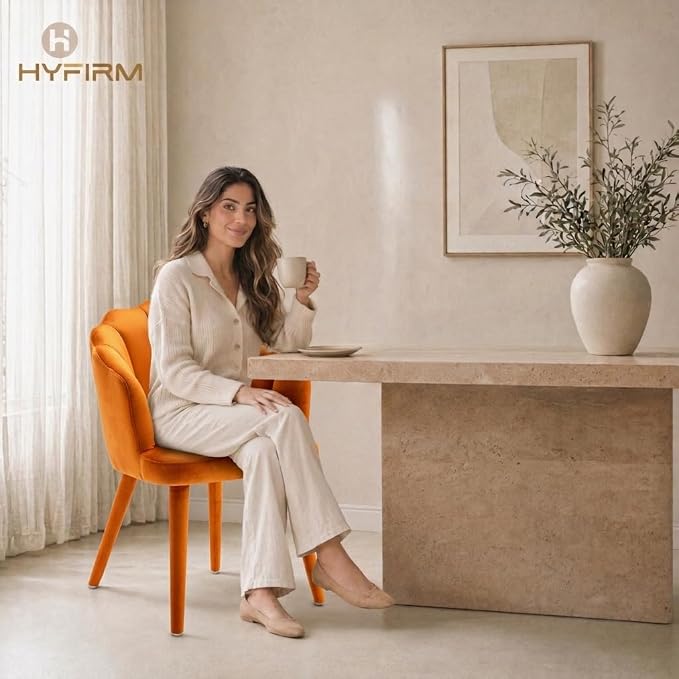 Hyfirm Velvet Dining Chairs Set of 6, Upholstered Modern Kitchen Dining Chairs with Petal Back & Fabric Covered Wooden Legs, Comfy Accent Armchairs for Bedroom/Kitchen/Vanity, Orange