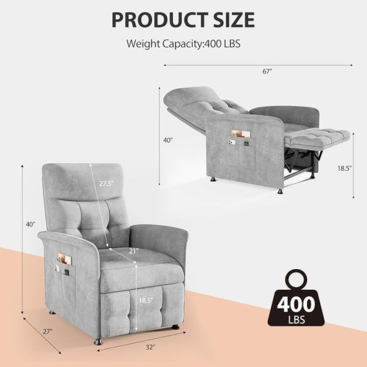 Power Recliner Chair for Adults with Heat & Massage - Soft Fabric Electric Reclining Sofa with Remote Control, 3 Side Pockets, 180° Lay Sleeper for Home Theater Living Room, Light Grey