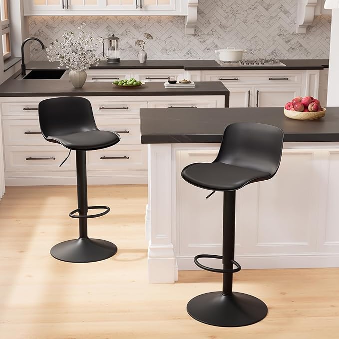 Kidol & Shellder Bar Stools Set of 4 Adjustable Swivel Counter Height Stools, Modern PU Leather Upholstered with Back Solid Color Barstools for Kitchen Island Black