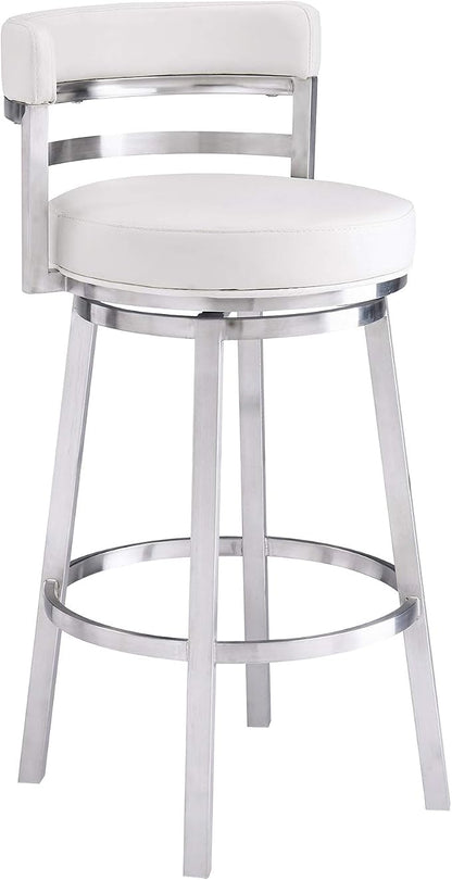 Armen Living Madrid 26" Counter Height Swivel Modern White Faux Leather and Brushed Stainless Steel Bar Stool