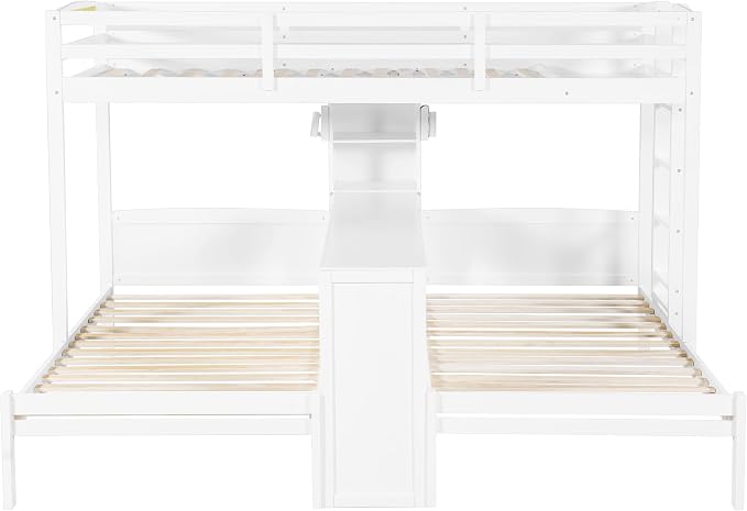 VilroCaz Twin Over Twin & Twin Bunk Bed with Built-in Desk and Storage Shelves, 3 Beds in 1 Design Solid Wood Triple Bunk Bed with Reading Lamp and Guardrails for Kids Teens Aldults (White-2.14)
