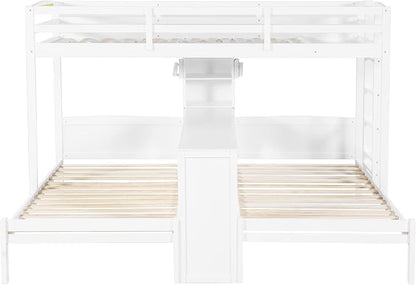 VilroCaz Twin Over Twin & Twin Bunk Bed with Built-in Desk and Storage Shelves, 3 Beds in 1 Design Solid Wood Triple Bunk Bed with Reading Lamp and Guardrails for Kids Teens Aldults (White-2.14)