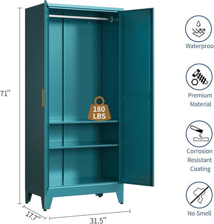 Steel Armoire Wardrobe Closet, 71" Metal Clothing Storage Cabinets with 2 Doors & 2 Adjustable Shelves, Blue Wardrobe Cabinet with Hanging Rod for Bedroom, Gym