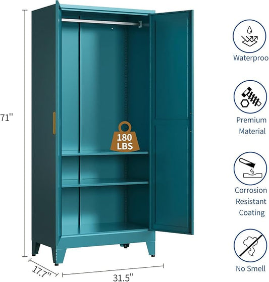 Steel Armoire Wardrobe Closet, 71" Metal Clothing Storage Cabinets with 2 Doors & 2 Adjustable Shelves, Blue Wardrobe Cabinet with Hanging Rod for Bedroom, Gym
