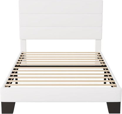Allewie Twin Size Platform Bed Frame with Velvet Upholstered Headboard and Wooden Slats Support, Fully Upholstered Mattress Foundation/No Box Spring Needed/Easy Assembly, White