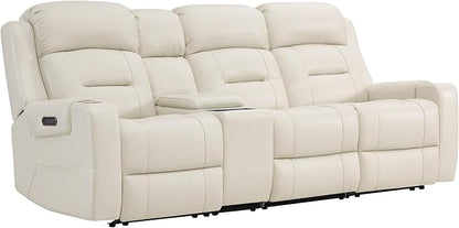 Watson & Whitely Genuine Leather Power Recliner Sofa, Lay Flat Reclining Sofa with Storage Console, Power Headrest & Cup Holders, 3 Seater Electric Reclining Couch for Living Room, Cream