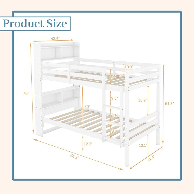 Twin Over Twin Bunk Bed with Storage Bookcase Headboard for Kids Boys Girls Teens, Rubber Wood Bunk Beds Frame with Storage Shelves, Can Be Separated into 2 Platform Beds, White