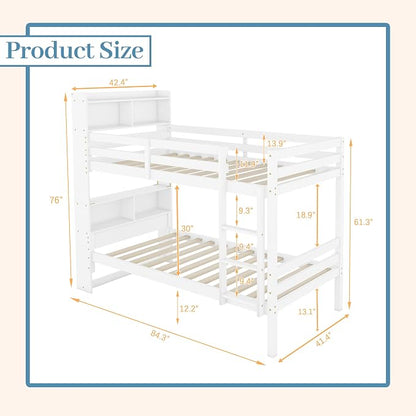 Twin Over Twin Bunk Bed with Storage Bookcase Headboard for Kids Boys Girls Teens, Rubber Wood Bunk Beds Frame with Storage Shelves, Can Be Separated into 2 Platform Beds, White