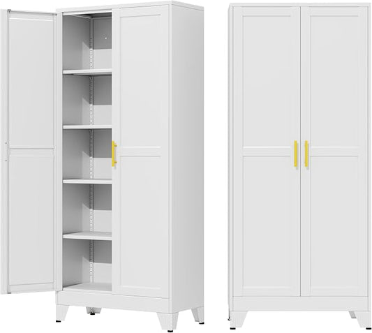 71" Metal Garage Storage Cabinet with 2 Doors, 4 Adjustable Shelves | Metal Storage Cabinets,Steel Tool Cabinets for Home,Office,Garage,Warehouse (White, 71''H x 29''W x 14''D)