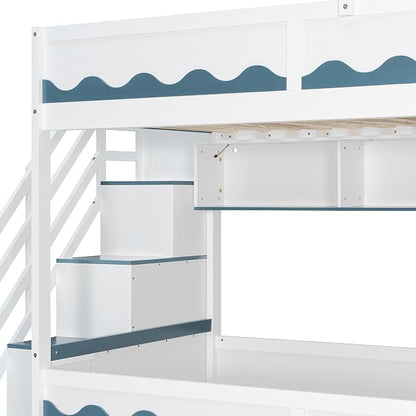 Virubi Twin House Bunk Bed with Stairs and Drawers,Wood Castle Bed with Storage Drawers Shelves& LED Lights (Twin Over Twin,White)