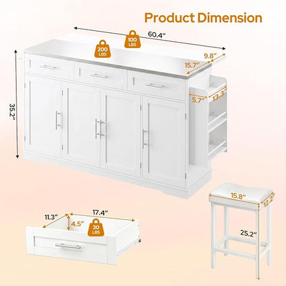Concho 71'' Kitchen Island with Seating and Stainless Steel Countertop, Rolling Kitchen Carts on Wheels with Folding Drop Leaf, Bar Stool, Power Outlet, Spice/Towel Rack, White