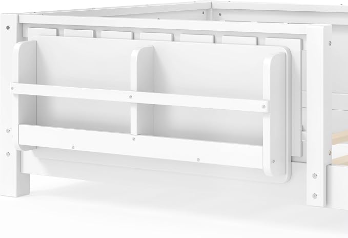 Bellemave Twin Floor Bed with high Rails and with Built-in Bookshelf for Kids, Girls, Boys, Wood Montessori Floor Bed Without Door, White
