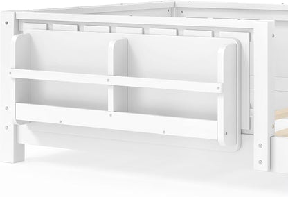 Bellemave Twin Size Montessori Floor Bed with Slats and Fence, Twin Size Montessori Bed with Rails and Bookcase, Easy Assemble Floor Beds Frame, White