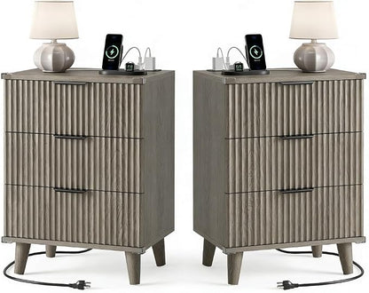 Lulive Wood Night Stand Set 2 Fluted Dresser for Bedroom 3 Drawers End Tables Nightstand with Charging Station, Side Table Dark Grey Oak
