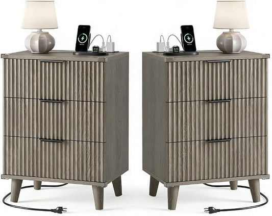 Lulive Wood Night Stand Set 2 Fluted Dresser for Bedroom 3 Drawers End Tables Nightstand with Charging Station, Side Table Dark Grey Oak
