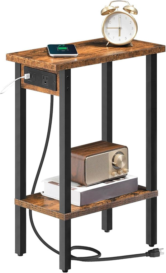 HOOBRO Narrow Side Table, 2-Tier Slim End Table with Charging Station, Skinny Nightstand with Open Storage, for Small Spaces, Living Room, Bedroom, Study, Rustic Brown and Black BF240UBZ01