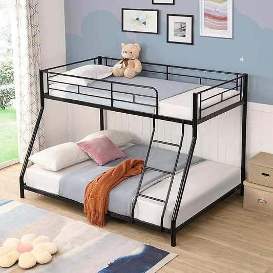 EMKK Twin Over Full Bunk Bed for Adults, Metal Bunk Beds Twin Over Full Size for Teens Dorm Bedroom Guest Room,Heavy Duty Bunk Beds with Ladder and Safety Full Length Guardrail (Black B)