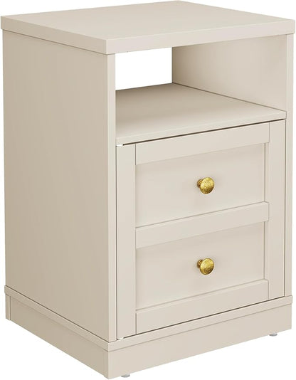 RoyalCraft Beige Nightstand with Storage Shelf and Door, Faux Two-Drawer Design Side Table, Modern Night Stand for Bedroom Dorm, Wood End Table for Small Spaces
