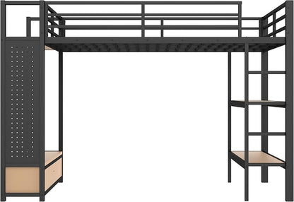 Bellemave Queen Size loft Bed with Wardrobe and Storage Shelves and Pegboard Drawers, Metal Queen Loft Bed Frame for Adults, Kids, Teens, Black