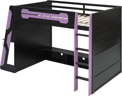 Merax Full Size Loft Bed with Desk, Multi-Storage Shelves and RGB Light | Space-Saving Wooden Gaming Bed Frame with Charging Station and Guardrail