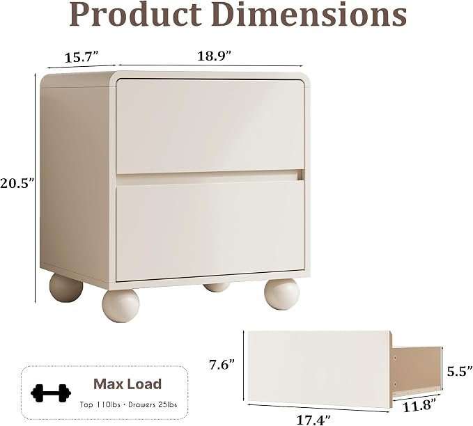 MAISONARIA Mid-Century 3-Piece Dresser Bedroom Set, 6 Drawer Dresser & 2 Drawer Nightstands with Curved Profile Design & Handle Free, Wood Chest of Drawers for Bedroom, Living Room, Hallway, Beige