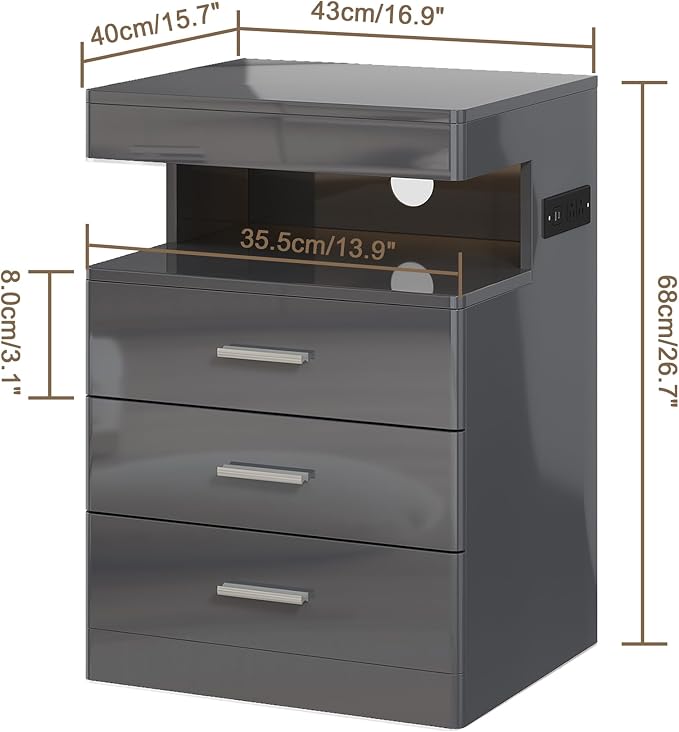 Treocho Led Nightstand with Hidden Space, Modern Night Stand with Charging Station, 3 Drawer Smart Nightstand with Glossy Finish, Tall Bedside Table with RGB Lights for Bedroom, Grey