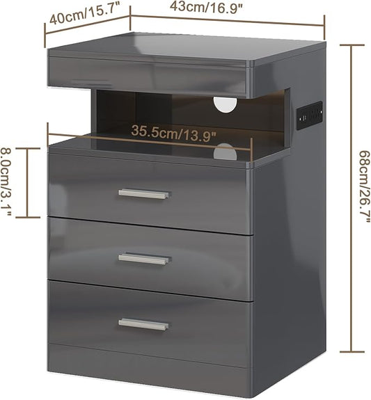 Treocho Led Nightstand with Hidden Space, Modern Night Stand with Charging Station, 3 Drawer Smart Nightstand with Glossy Finish, Tall Bedside Table with RGB Lights for Bedroom, Grey