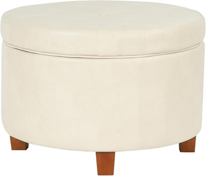 HomePop Round Leatherette Storage Ottoman with Lid, Ivory Large