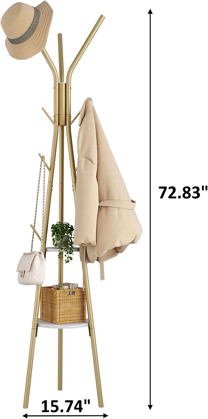 HOMEFORT Coat Rack, Coat Hanger Stand with 2 Shelves, Freestanding Hall Tree, Metal Hat Hanger with 12 Hooks for Clothes Hats and Scarves (Gold)