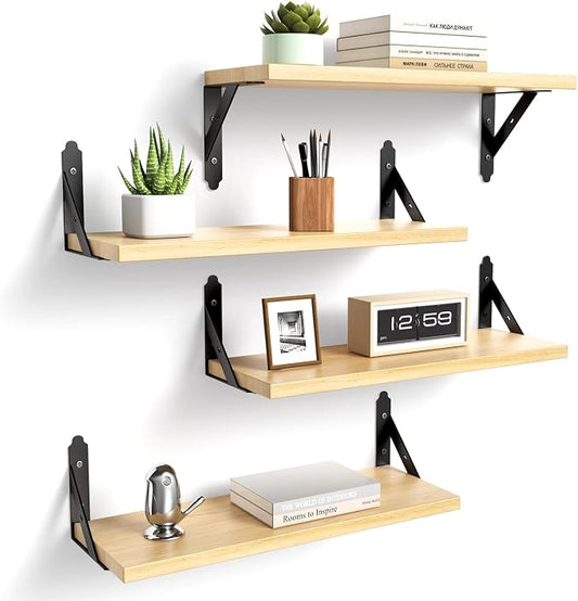 ROMGUAR CRAFT Wood Floating Shelves Set of 4, Rustic Storage Decor Wall Shelves, Wall Mounted Shelf for Living Room, Bedroom 17" x 6", Natural