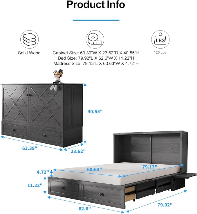 PUREMIND Queen Murphy Bed with Mattress Included, Murphy Cabinet Bed with Storage Drawer, Built-in Charging Station, Solid Wood Frame, Space-Saving Cabinet Beds for Small Spaces/Guest Room (Gray)