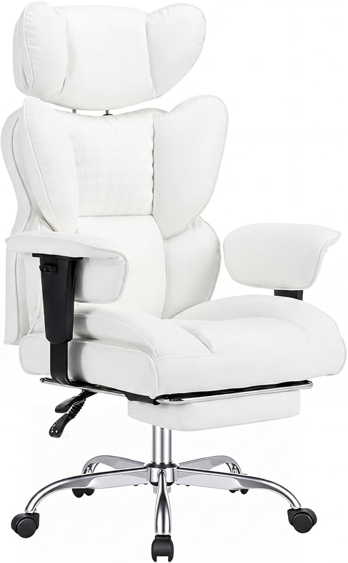 DUMOS Big and Tall Home Office Desk Chair, Ergonomic Executive Chair with Footrest, Computer Gaming Chairs with High Back Reclining, Adjustable Armrests and Comfy Lumbar Support, PU Leather, White