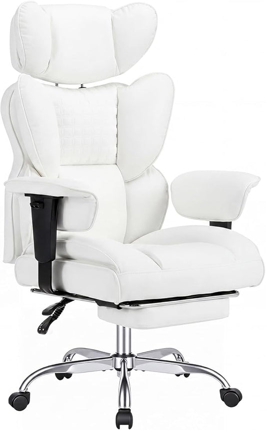 DUMOS Big and Tall Home Office Desk Chair, Ergonomic Executive Chair with Footrest, Computer Gaming Chairs with High Back Reclining, Adjustable Armrests and Comfy Lumbar Support, PU Leather, White