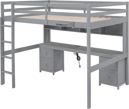 Full Size Loft Bed with Desk, Storage Cabinets, Drawers and Bedside Tray, Multifunctional Full Beds with Plug Outlets & 2 USB Port, Gray