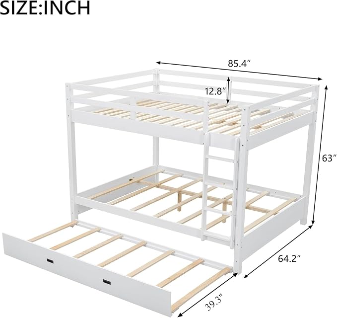 MERITLINE Queen Over Queen Bunk Bed with Twin XL Trundle, Solid Wood Bunk Bed with Ladders and Guardrails for Adults (White)