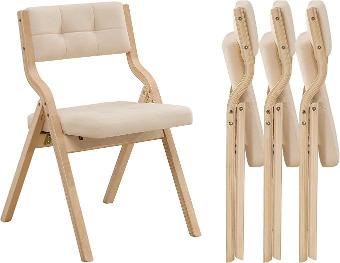 Folding Dining Chairs with Cushion Set of 4,Padded Foldable Dining Chairs,Portable Wooden Folding Chairs with Seat for Dining Rooms Kitchen Wedding Party Indoor Velvet Khaki