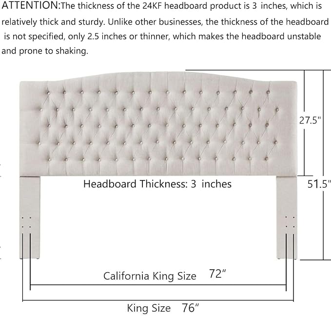 24KF Upholstered Tufted Button Linen Fabric Headboard,Comfortable Fashional Headboard King/CA King Size,Ivory