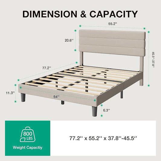 Novilla Full Size Bed Frame, Full Bed Frame with Wood Slats Support, Linen Upholstered Pull-Point Headboard, No Box Spring Needed, Metal Support Heavy Duty Feet, Easy Assembly, Beige