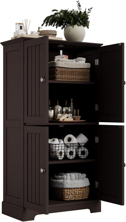 ChooChoo Bathroom Floor Cabinet, Modern Bathroom Storage Cabinet with 4 Doors and Adjustable Shelves, Freestanding Cupboard for Living Room, Espresso