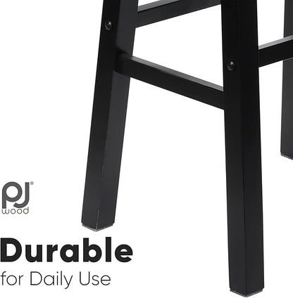 PJ Wood Classic Saddle-Seat 24'' Tall Kitchen Counter Stool for Homes, Dining Spaces, and Bars with Backless Seat, 4 Square Legs, Black (4 Pack)